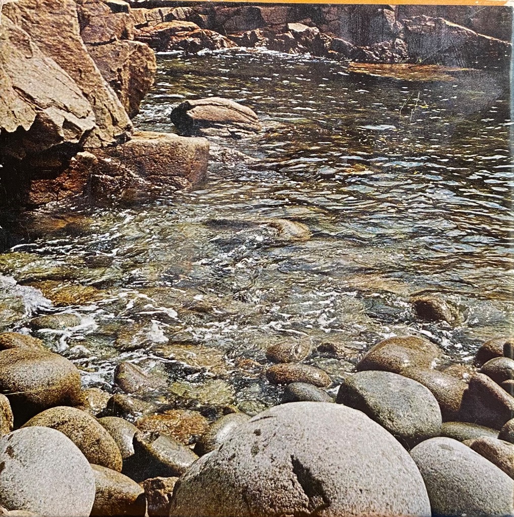 Close-up photograph of a rocky shoreline with clear water flowing over smooth stones