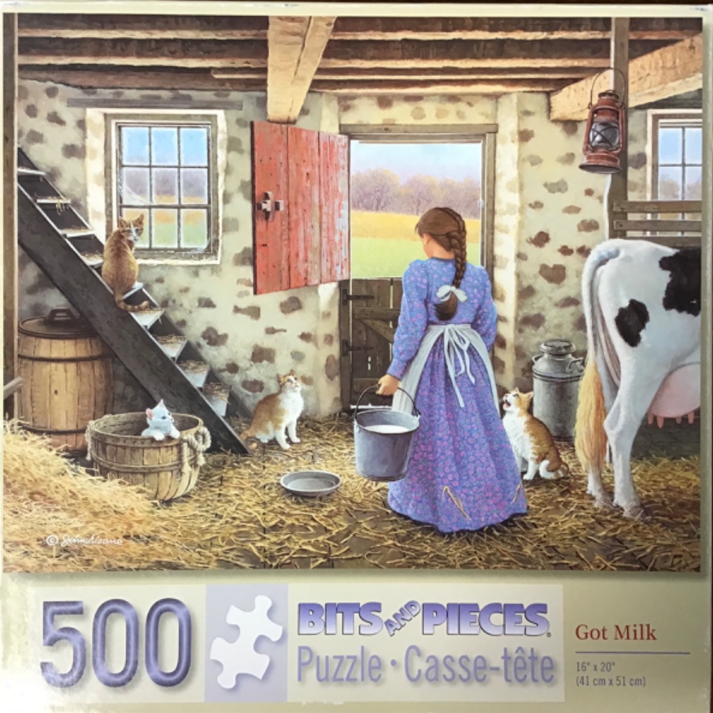 A young girl in a blue dress carries a milk pail inside a rustic barn filled with kittens and a cow.