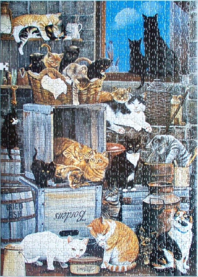 A whimsical illustration of many cats of various breeds and colours lounging inside a rustic pantry.