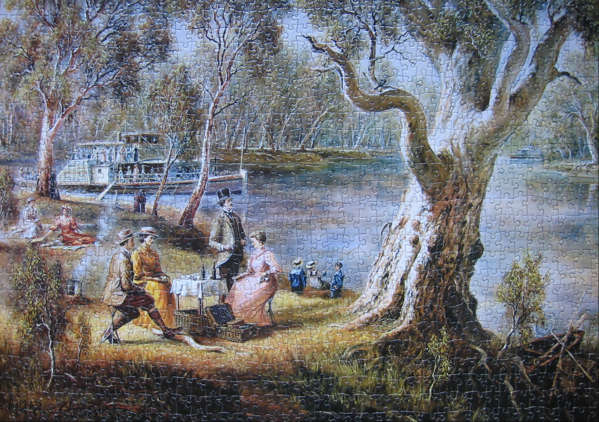 A nostalgic painting of Victorian-era people picnicking by a river with a paddle steamer in the background.