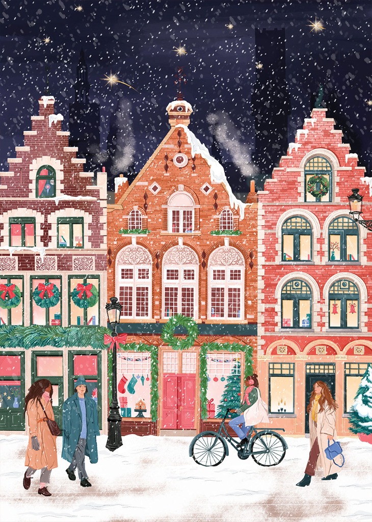 People walking and cycling in front of festive decorated brick buildings on a snowy winter evening.
