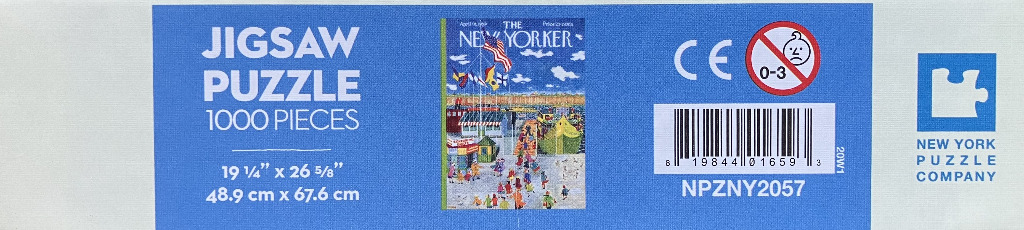 The New Yorker cover art with a crowded boardwalk scene, American flag, and bright blue sky.