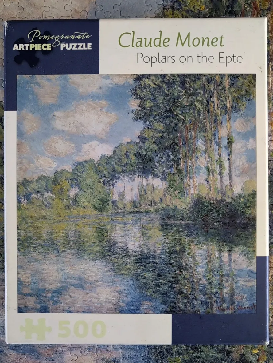 Impressionist oil painting of tall poplar trees lining a riverbank under a cloudy blue sky.