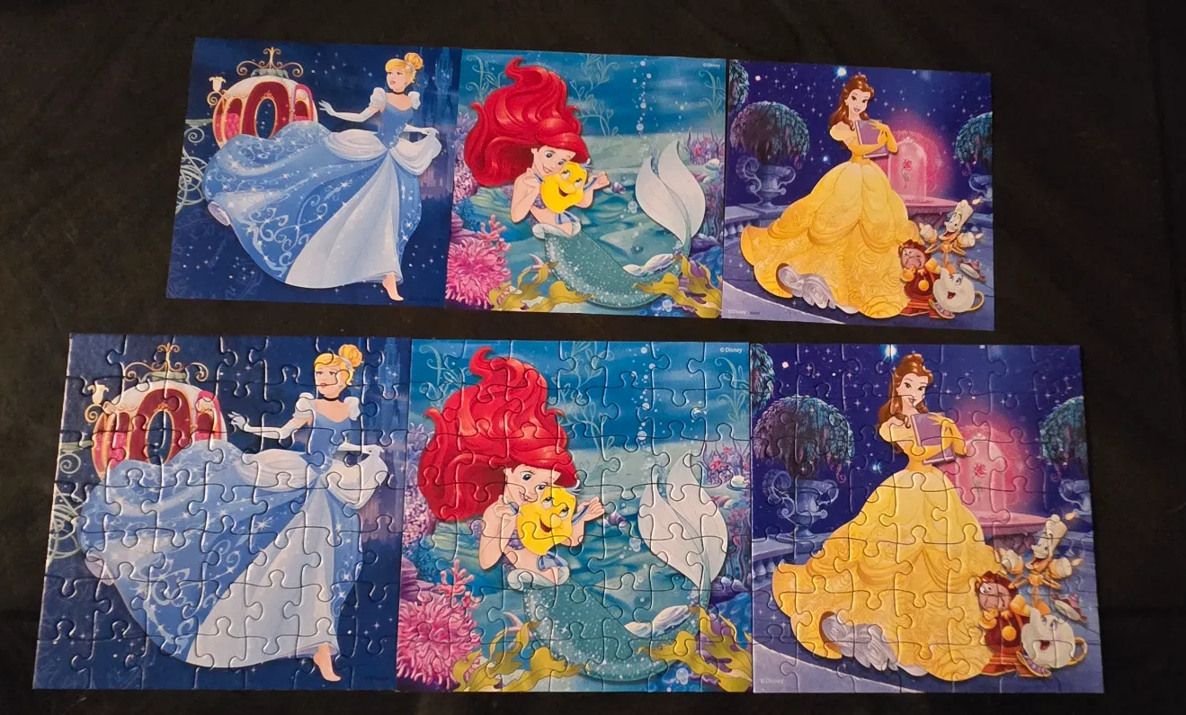 Three Disney princesses: Cinderella, Ariel, and Belle, illustrated in two horizontal rows.