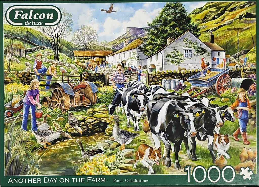 A sunny, busy country farm scene with cows, geese, and a family working in a lush valley.