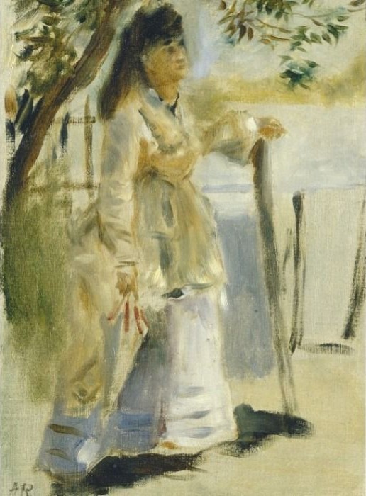 An impressionist painting of a woman in a white dress standing by a tree.