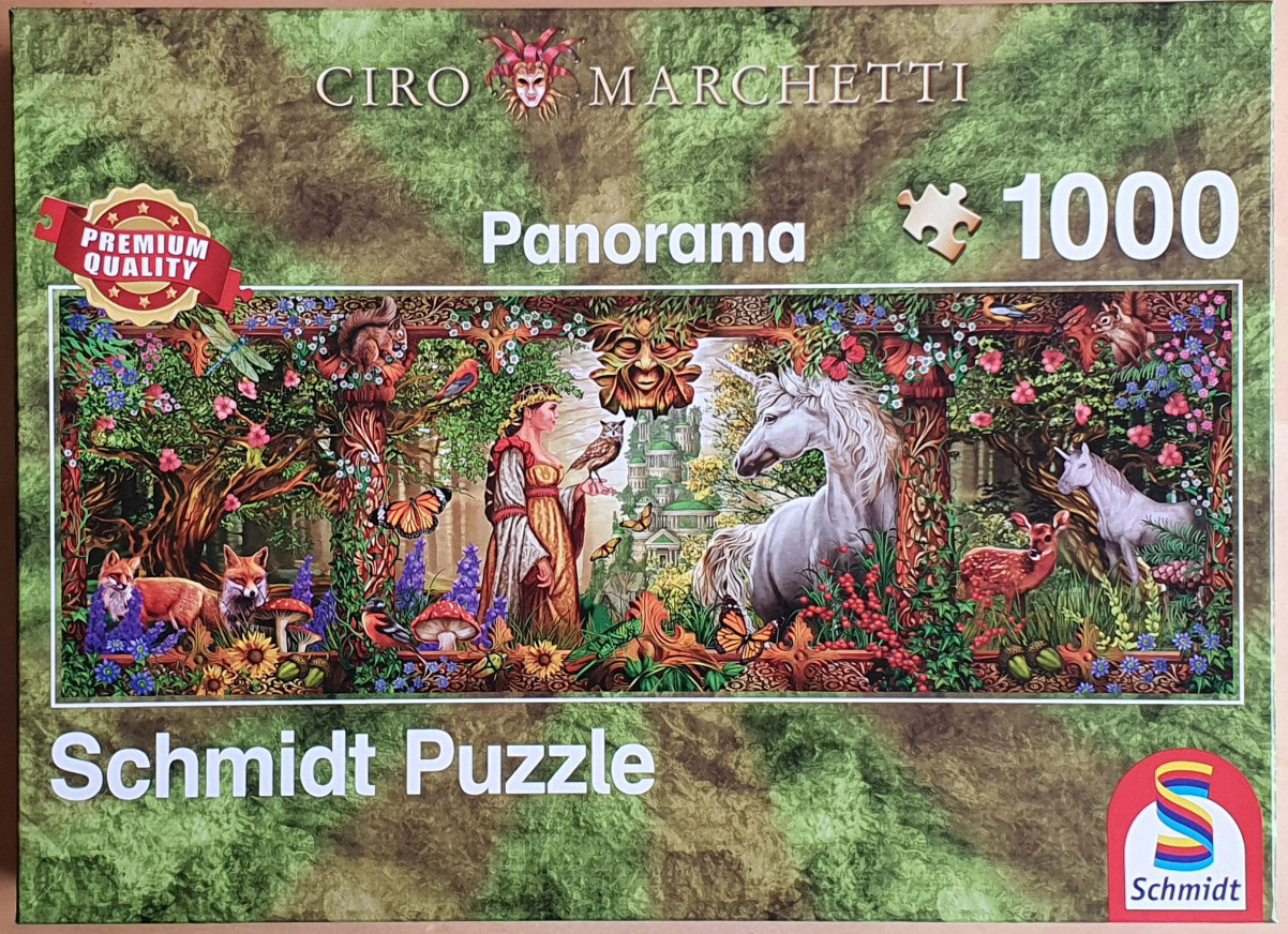Fantasy illustration of a woman, unicorns, and forest animals in an ornate, frame-like woodland setting.