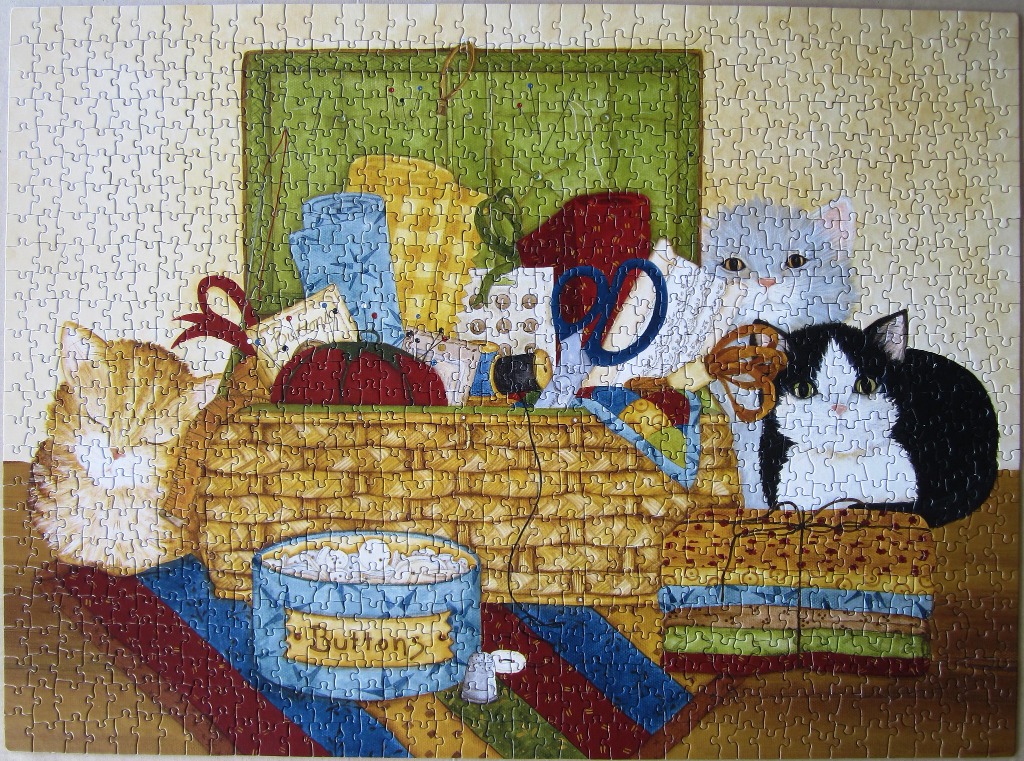 A whimsical illustration of two cats sitting by a sewing basket filled with fabric, buttons, and tools.