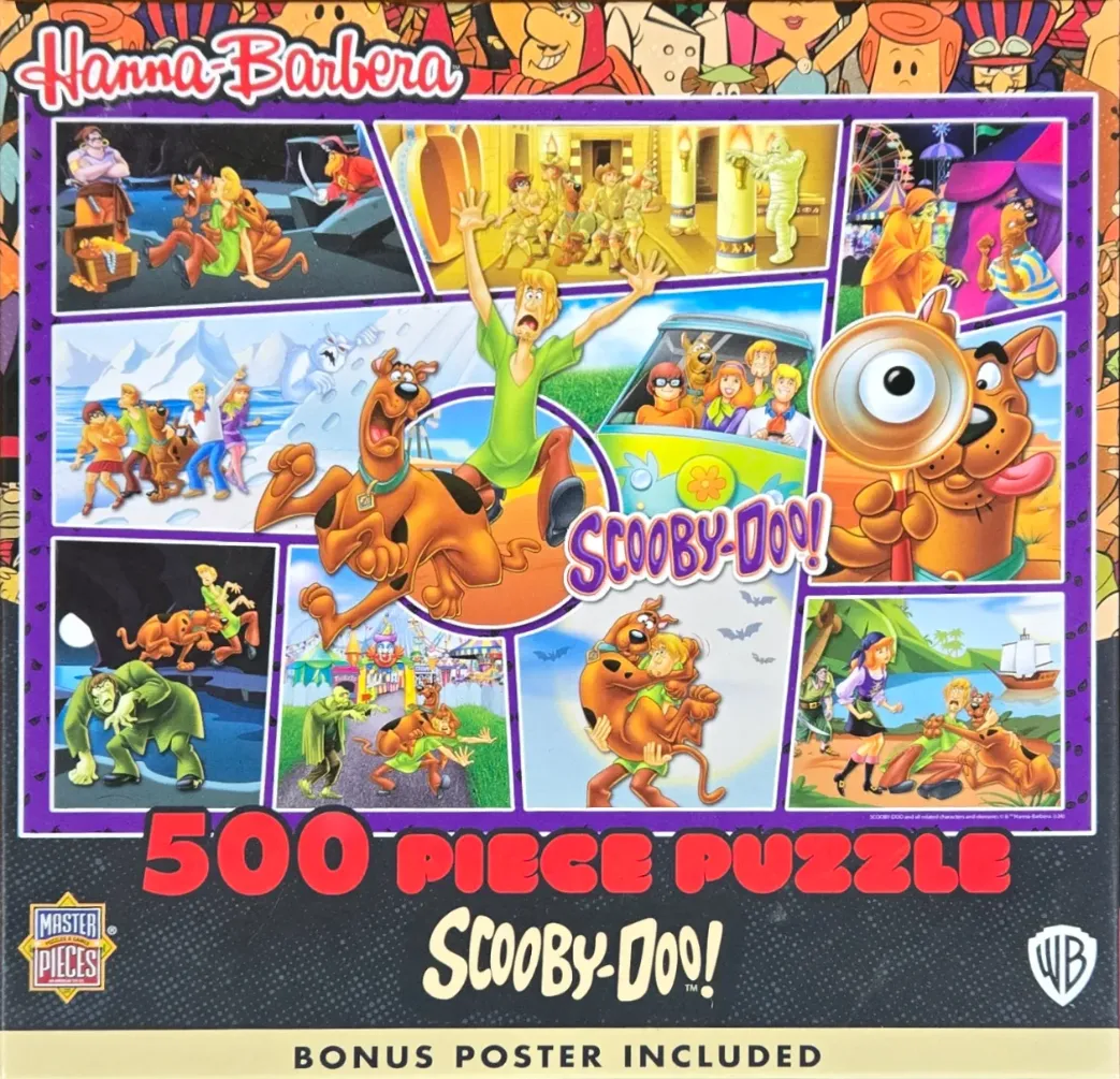 A collage of Scooby-Doo cartoon scenes featuring the Mystery Inc. gang and various ghosts.