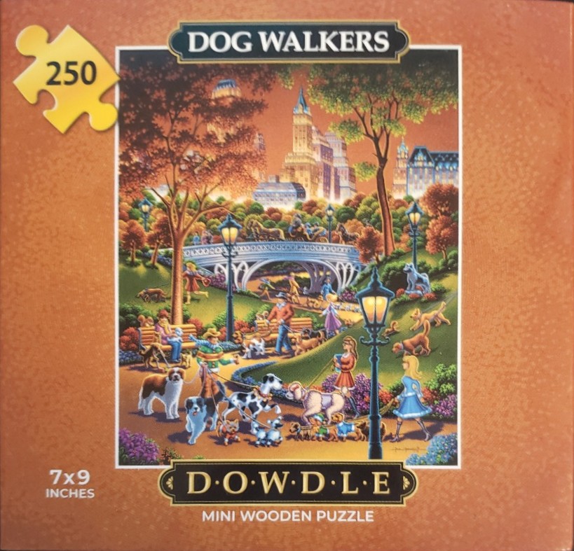An illustration of people walking dogs in a vibrant, sunlit city park at twilight.