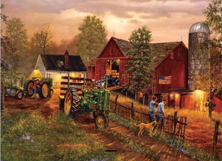 A rural farm scene at dusk with red barns, green tractors, and people working.