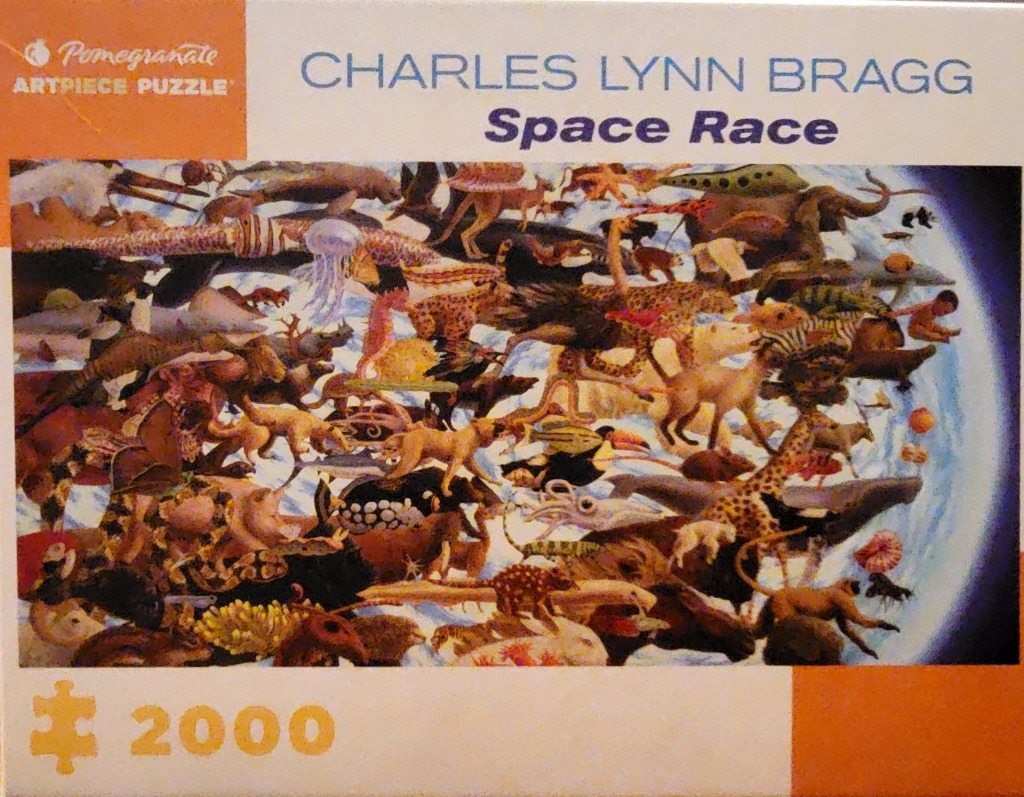Painting of a crowded collage of diverse land and sea animals floating through space against the curve of the Earth.