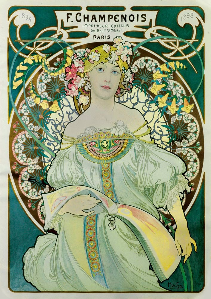 An Art Nouveau illustration of a woman with blonde hair and a floral crown holding a large open book.