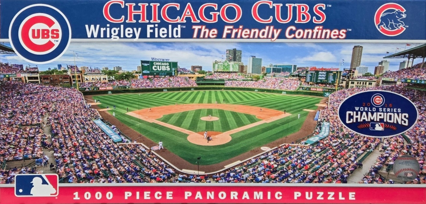 Panoramic view of Wrigley Field baseball stadium in Chicago filled with spectators.