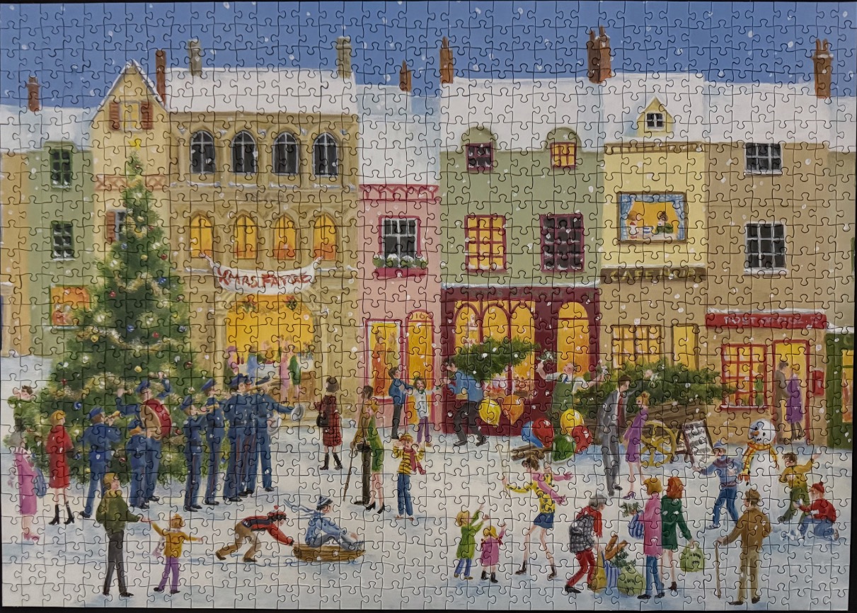 A whimsical illustration of a snowy town square filled with people celebrating Christmas near a large tree.