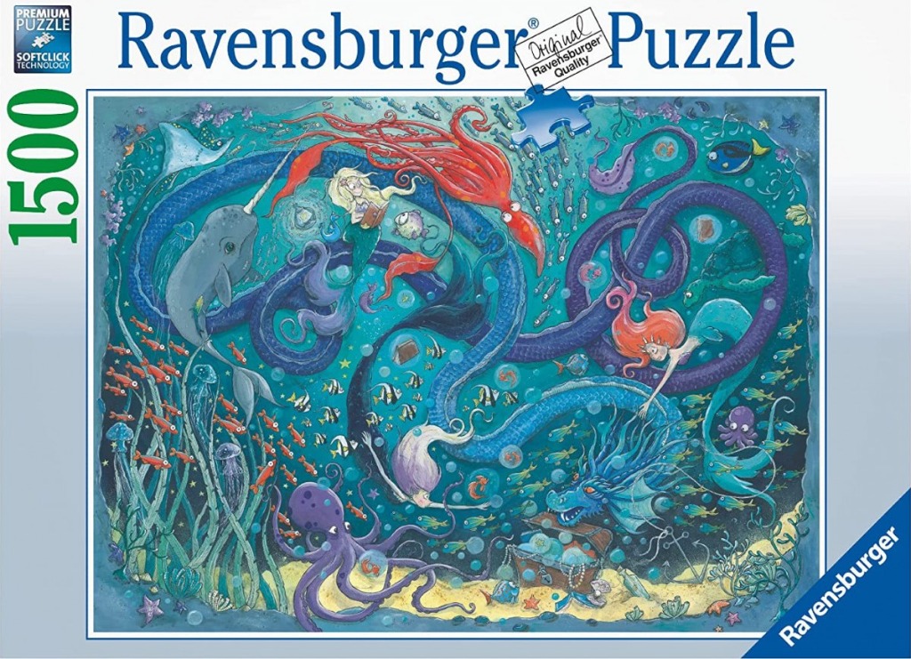 Whimsical underwater scene featuring mermaids, a narwhal, and a giant octopus in a deep blue sea.