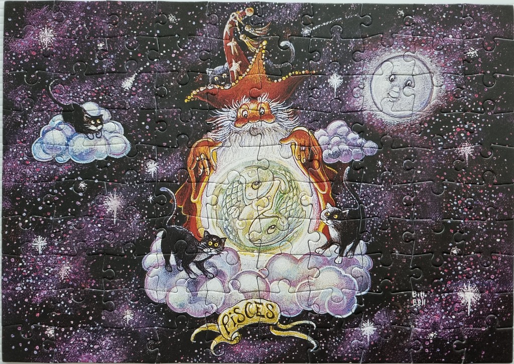 A whimsical illustration of a wizard representing the Pisces zodiac sign surrounded by stars and cats.