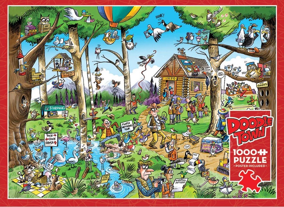 A cartoon illustration of a busy, humorous bird-watching scene in a forest.