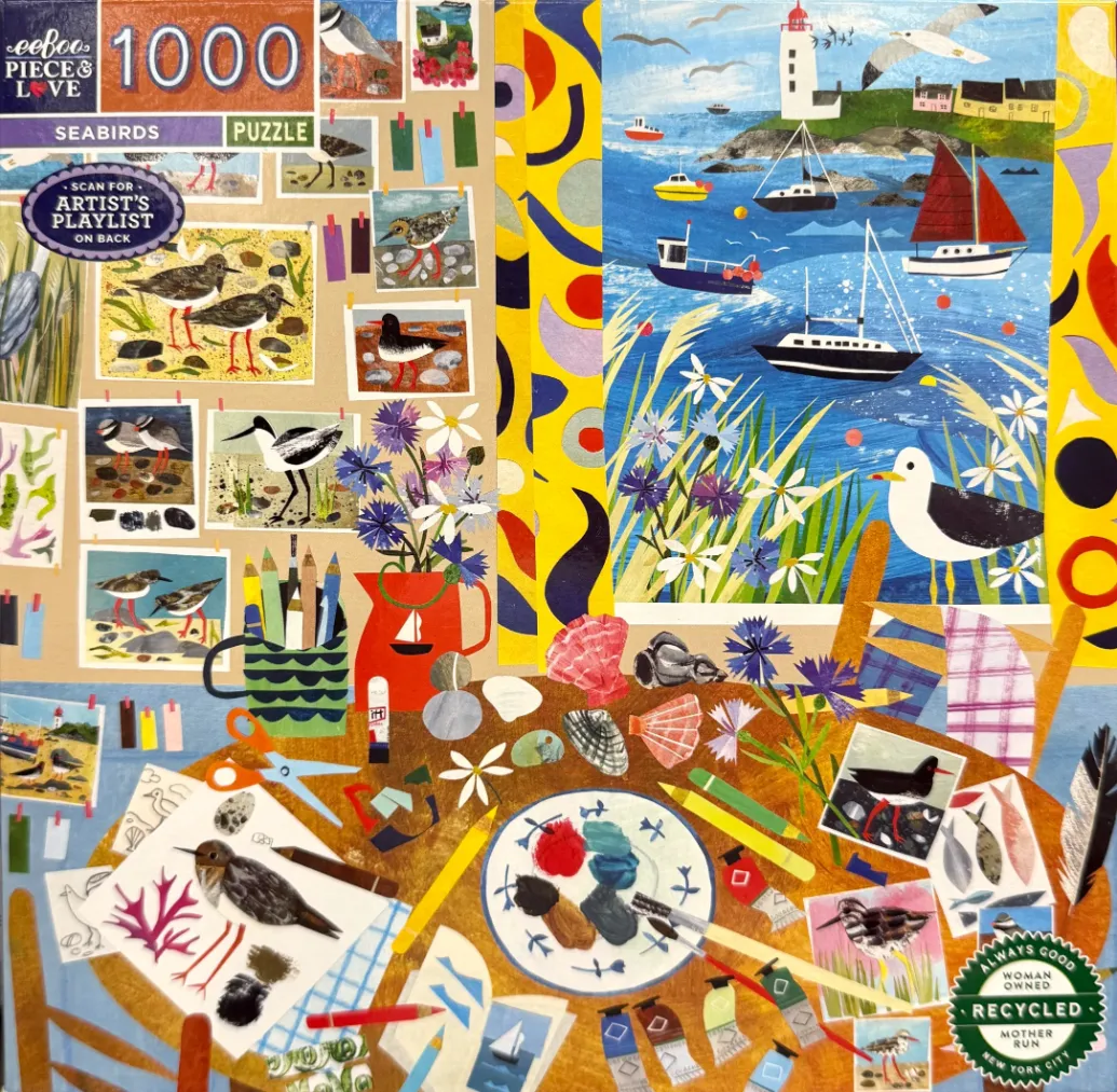A collage-style illustration of a coastal art studio with seabird sketches, a view of the sea, and a table of art supplies.