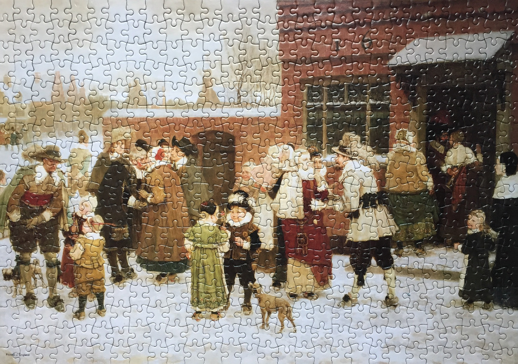A painting of a 17th-century winter scene with people in historical attire gathered outside a brick building.