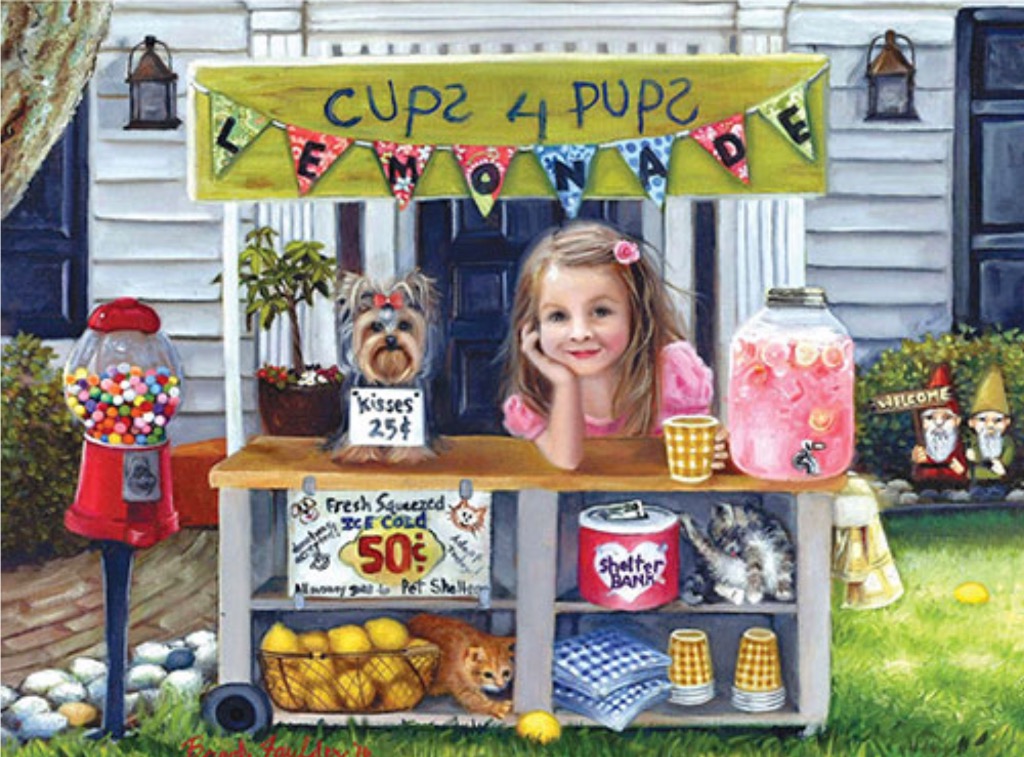 A young girl and a Yorkshire terrier run a lemonade stand to support an animal shelter.