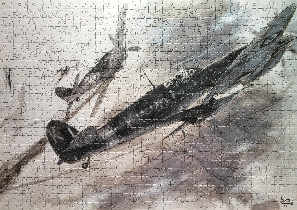 A charcoal and wash illustration of two World War II fighter planes in a dogfight.