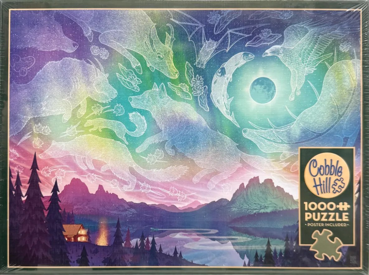 A whimsical illustration of ethereal animals floating in a northern lights sky above a mountain lake cabin at night.