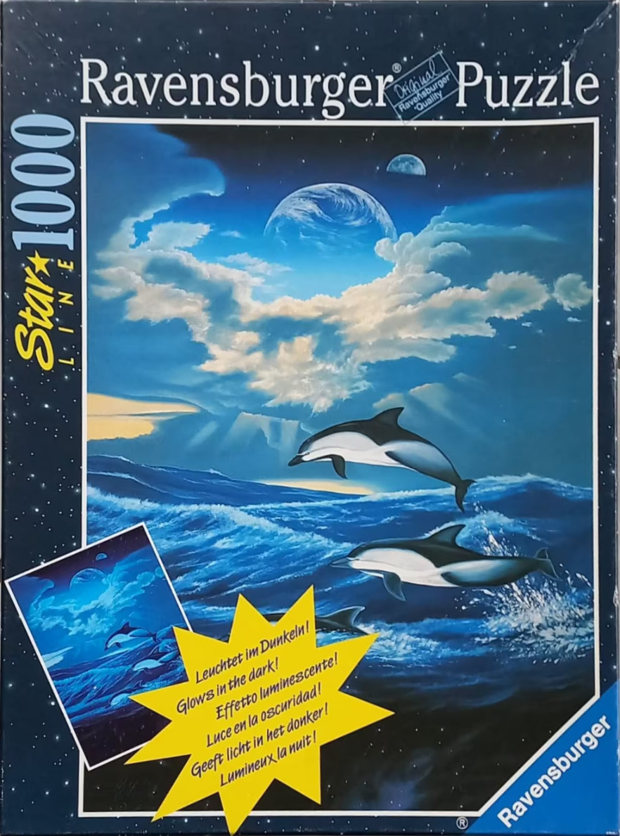 Two dolphins leaping above ocean waves under a dramatic starry sky with two moons.