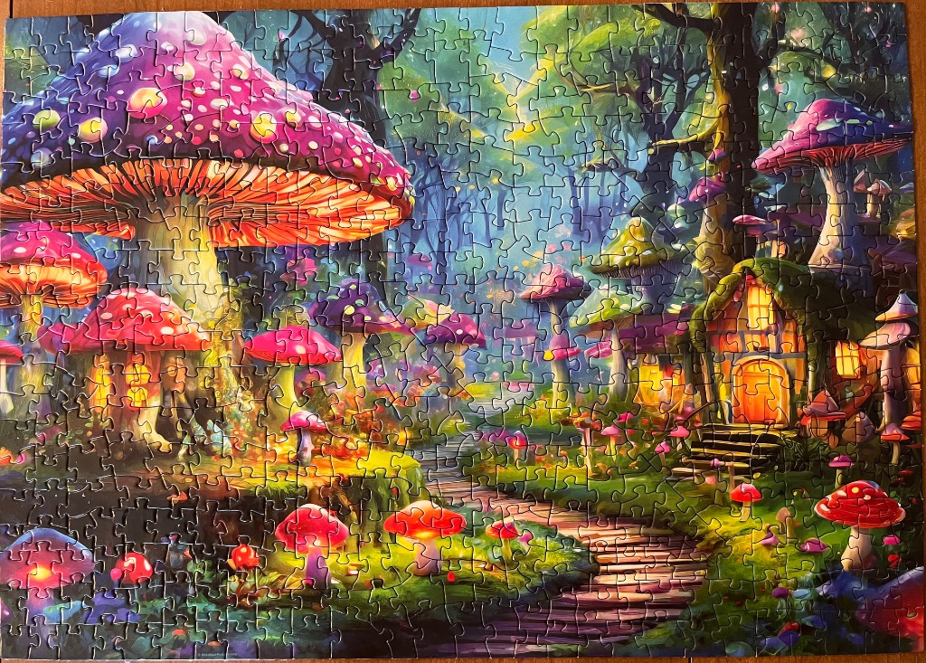 A magical forest scene featuring giant glowing mushrooms and cozy mushroom-shaped houses along a stone path.