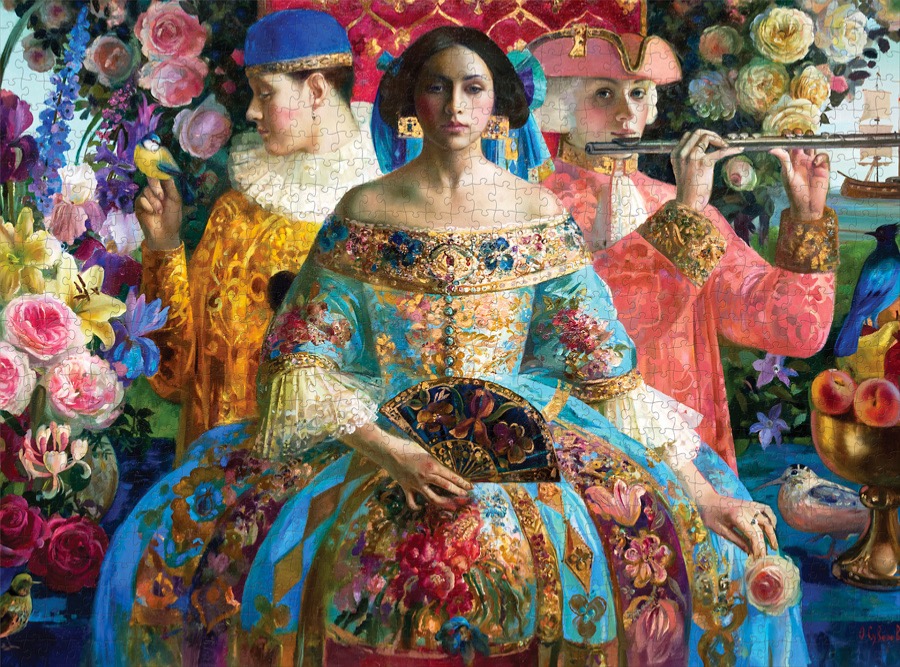 An elaborate oil painting featuring a central woman in a blue gown flanked by two figures surrounded by vibrant flowers.