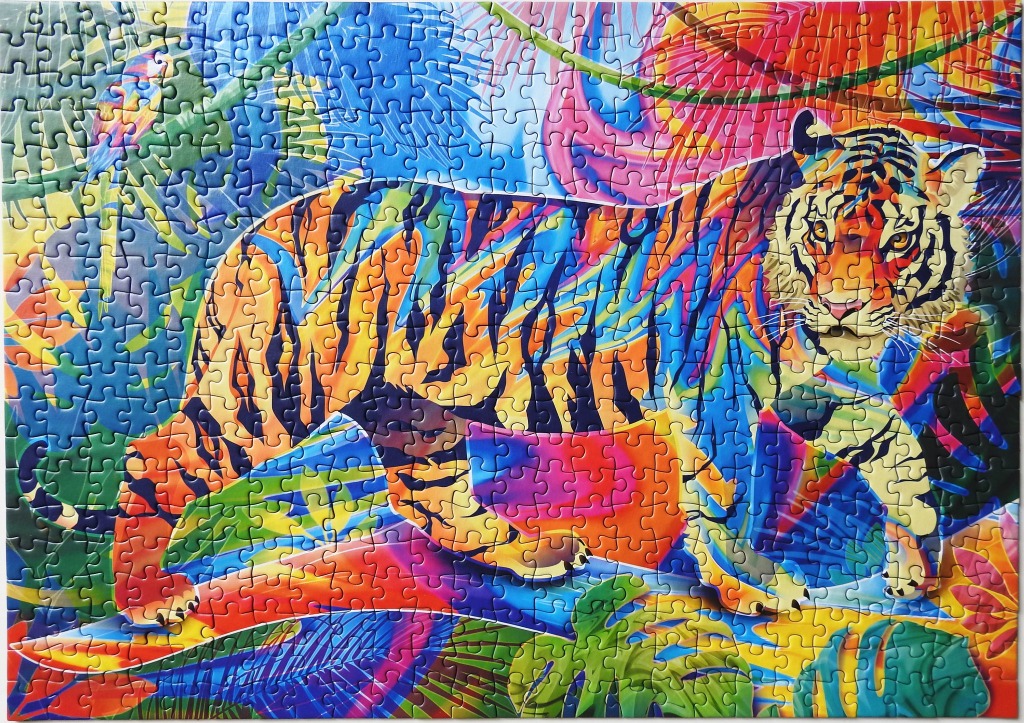 A vibrantly coloured, stylized tiger prowls through a jungle setting in this artistic illustration.
