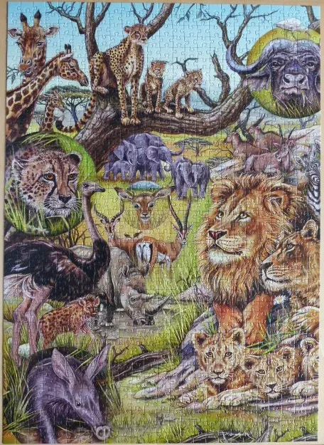 An illustrated montage of diverse African wildlife in a savanna setting.