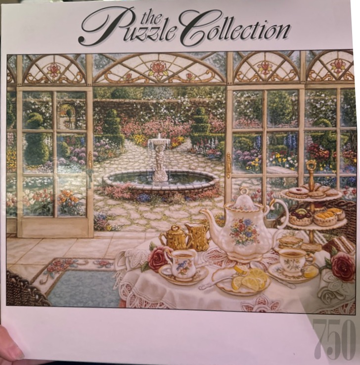 A peaceful scene of an afternoon tea setting overlooking a lush, sun-drenched conservatory garden with a fountain.