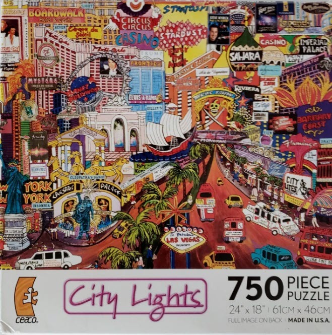 A colorful, densely packed cartoon illustration of the Las Vegas Strip featuring various hotels and neon signs.