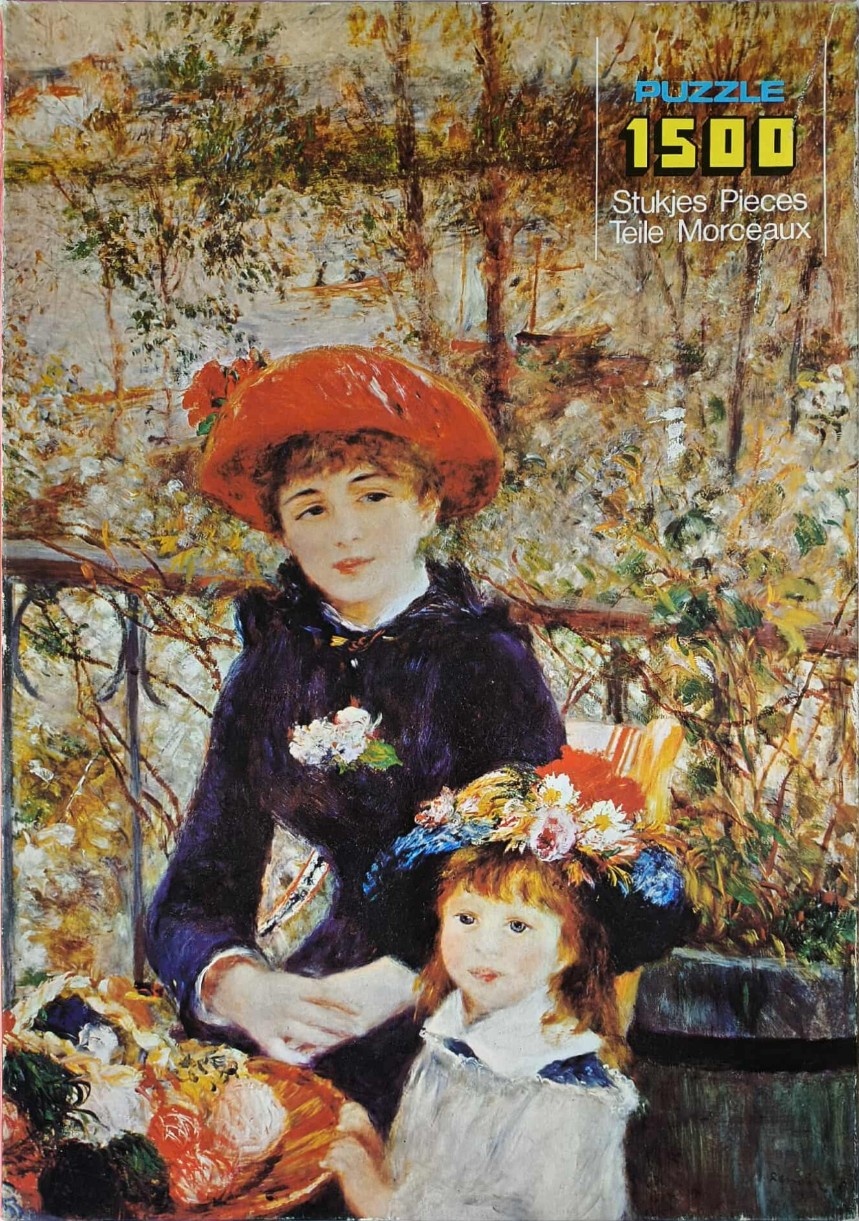 An impressionist oil painting of a woman and a young girl outdoors, surrounded by foliage and light.