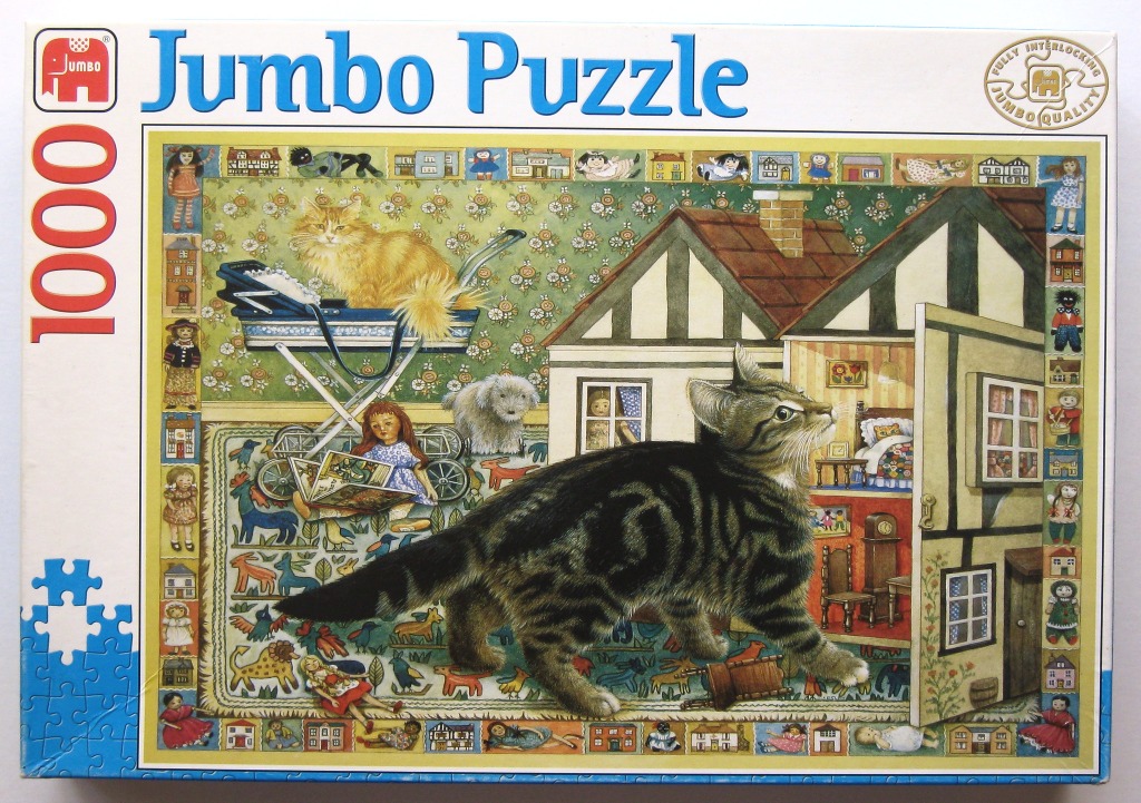 A whimsical illustration of a tabby cat walking past a toy dollhouse, with a fluffy orange cat in a doll carriage nearby.