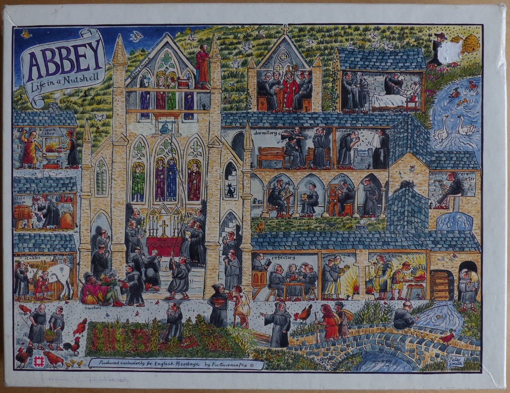 A whimsical cutaway illustration showing the daily life and interior rooms of a medieval abbey.