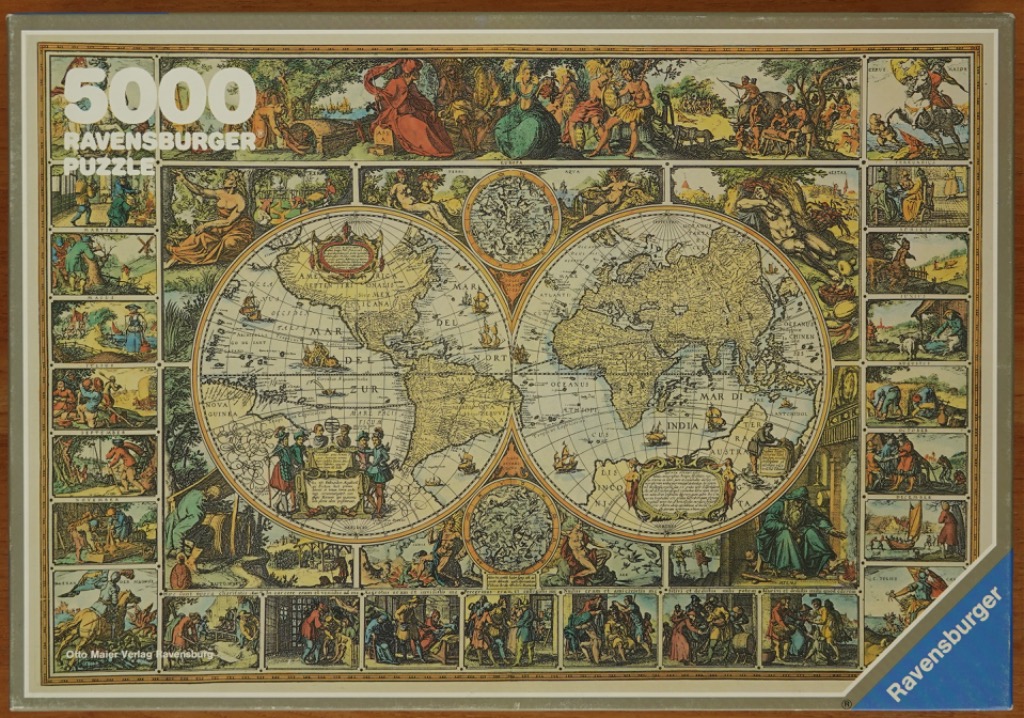 A detailed 17th-century style world map surrounded by illustrations of the months, elements, and seasons.