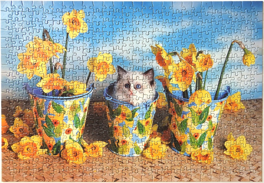 A fluffy kitten peering out from a bucket surrounded by bright yellow daffodils against a blue sky.