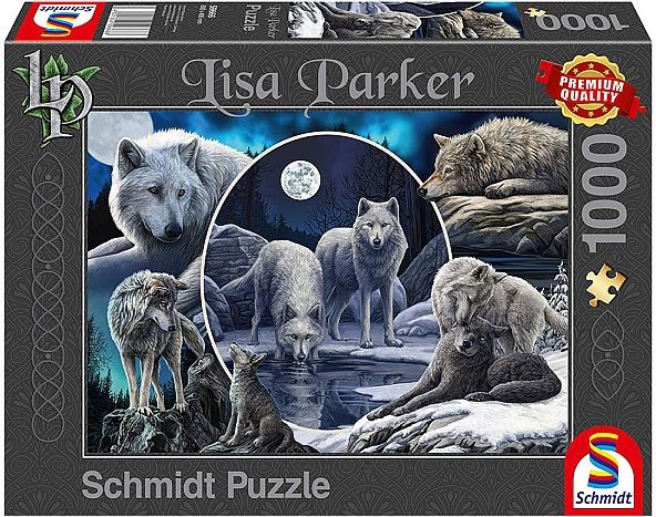 An illustration featuring multiple wolves in a moonlit forest setting.