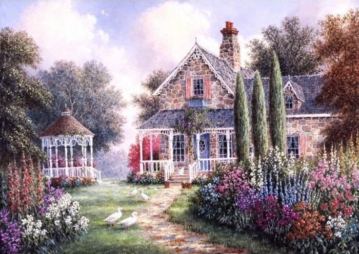 A stone cottage with a gazebo in a lush, flower-filled garden with white geese on a stone path.