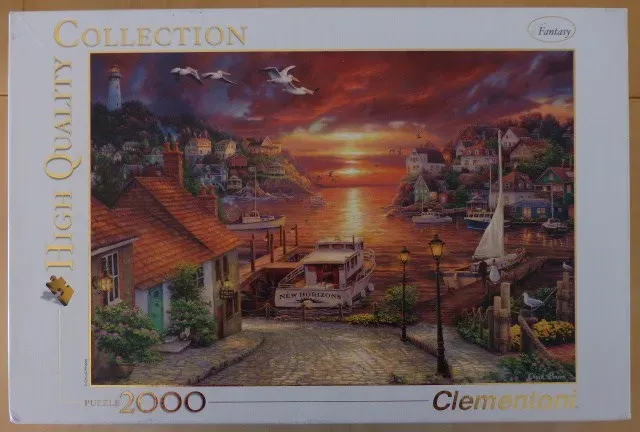 A romantic sunset painting of a coastal harbour village with boats and a lighthouse.