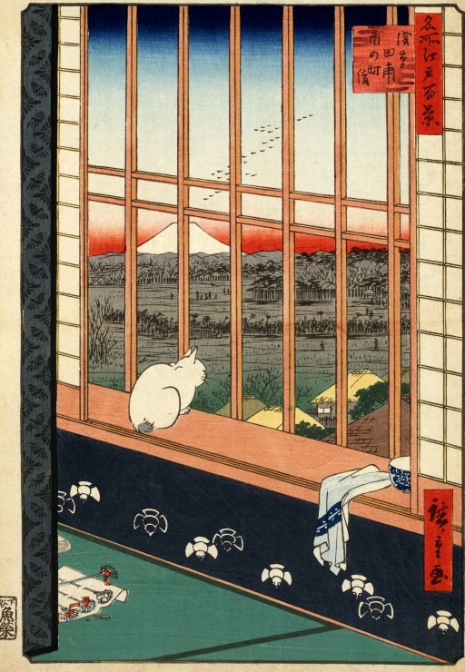 A white rabbit sits on a window ledge looking out at a landscape featuring Mount Fuji in the distance.