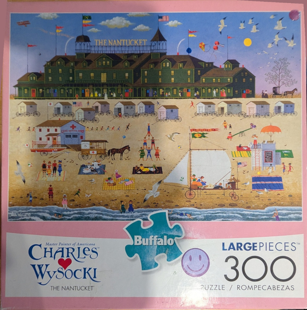 A whimsical folk art painting of a busy beach scene in front of the large, green Nantucket hotel.