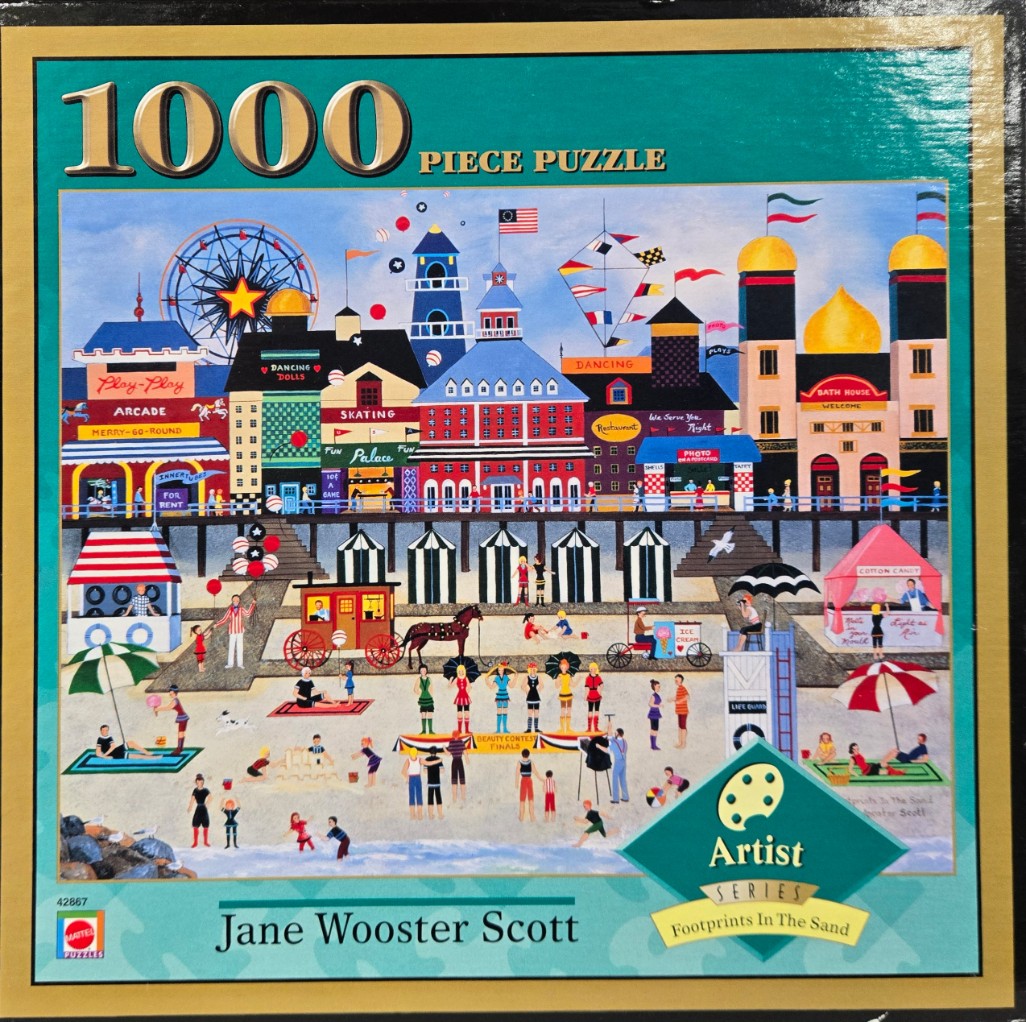 A whimsical folk art painting of a bustling seaside boardwalk and sandy beach with colorful buildings and people.