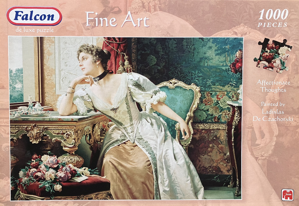 A painting of a Victorian-era woman in a white gown sitting thoughtfully in an ornate, opulent room.