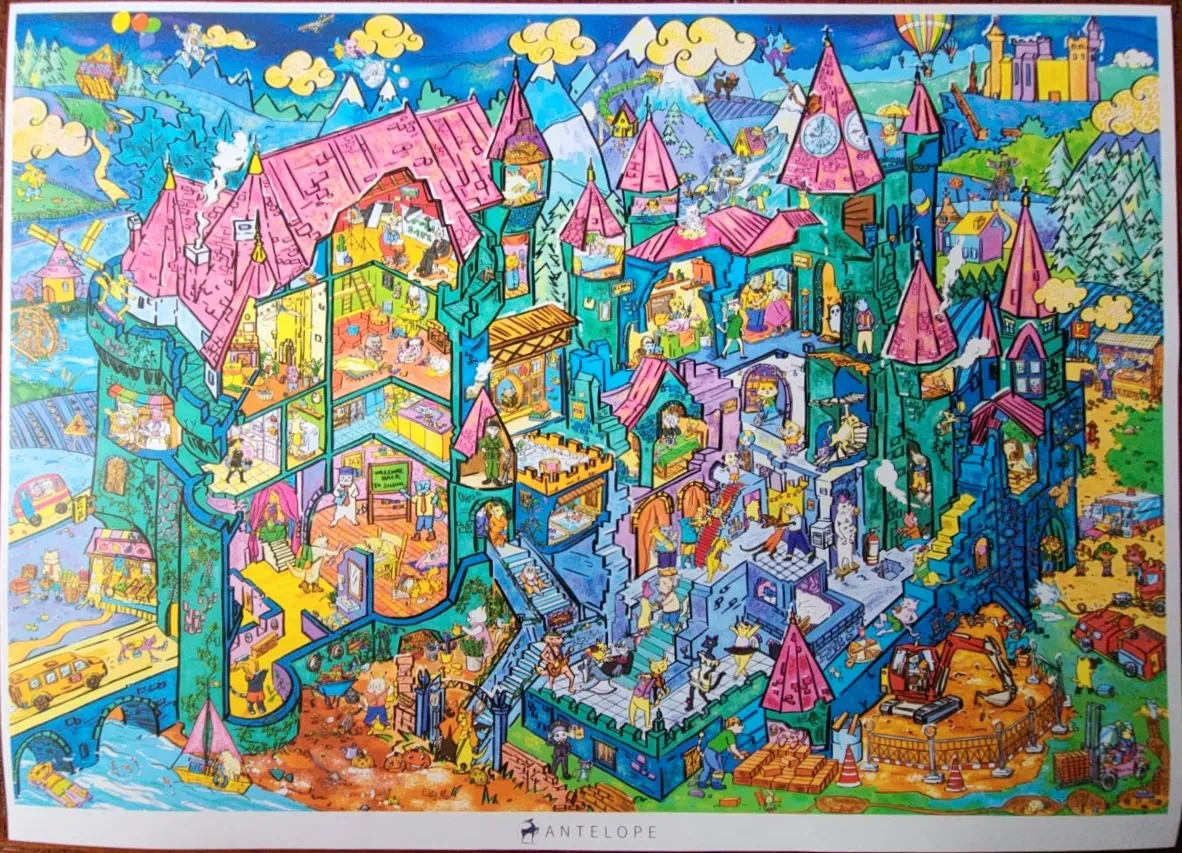 Detailed illustration of a multi-story cutaway fantasy castle filled with animal characters and activity.