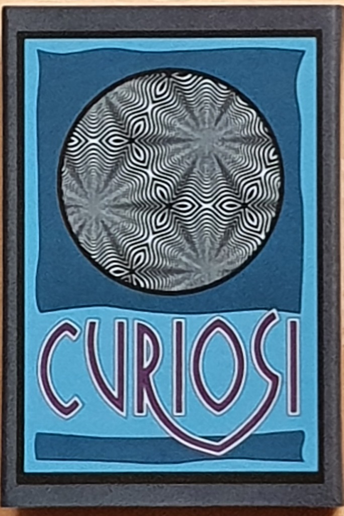 Graphic illustration featuring a black and white circular optical illusion over the word CURIOSI in a blue setting.