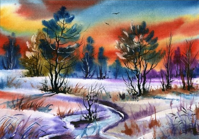 Watercolor painting of a snowy winter landscape at sunset with vibrant orange, red, and blue colors.