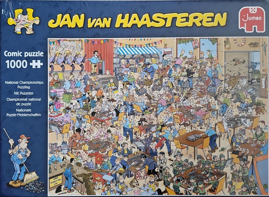 A chaotic, comedic cartoon scene depicting a crowded national jigsaw puzzle championship competition.